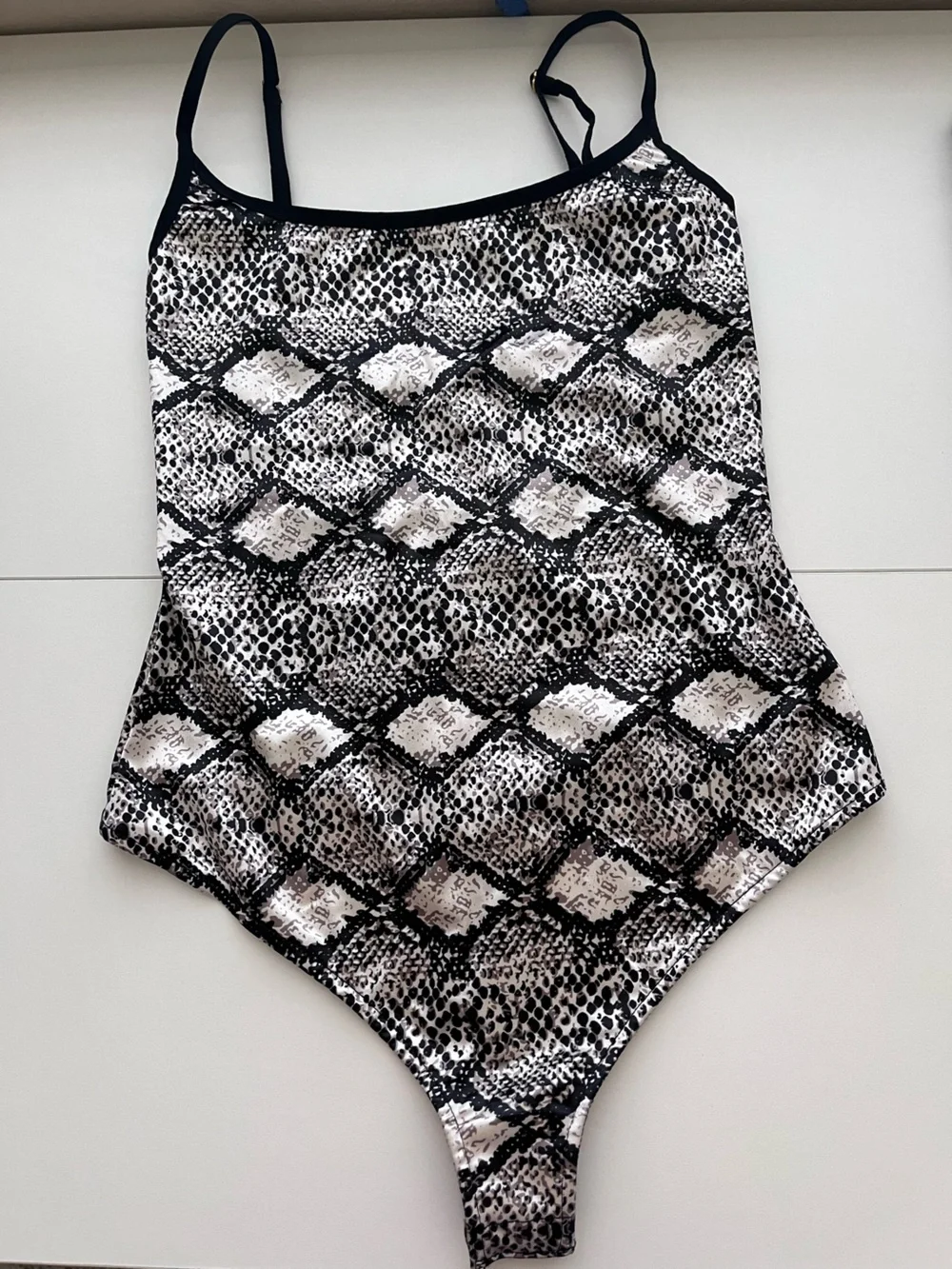 Free People Bodysuit — Black & Cream & Grey Snake Print Strapy Back XS